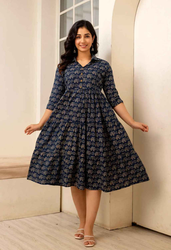 Navy Blue Elephant Printed Collared Viscose Rayon Maternity & Feeding Midi Dress