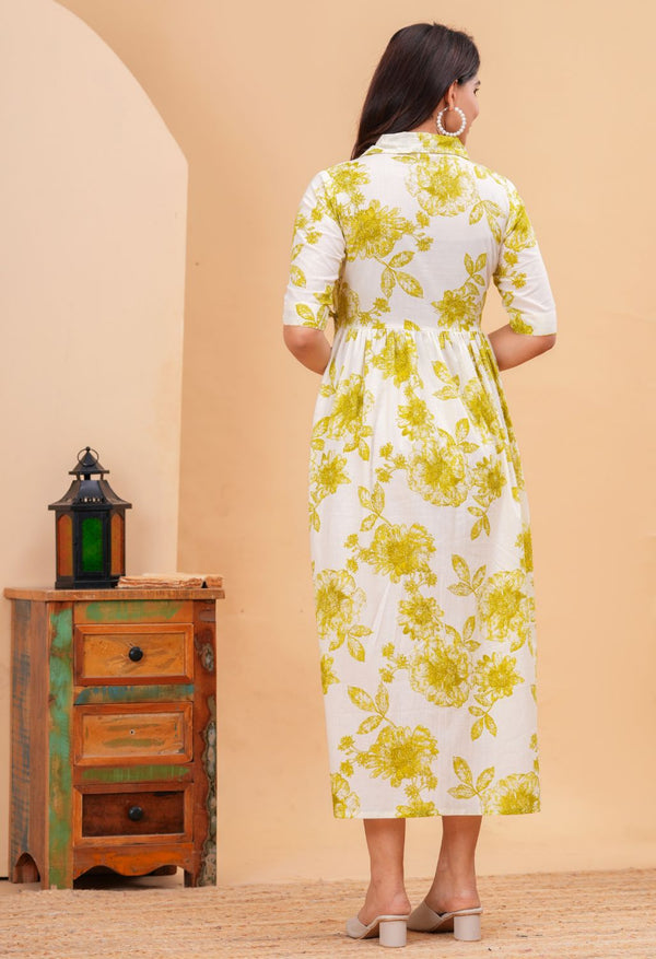 White & Mustard Floral Printed Collared Viscose Rayon Maternity & Feeding Midi Dress