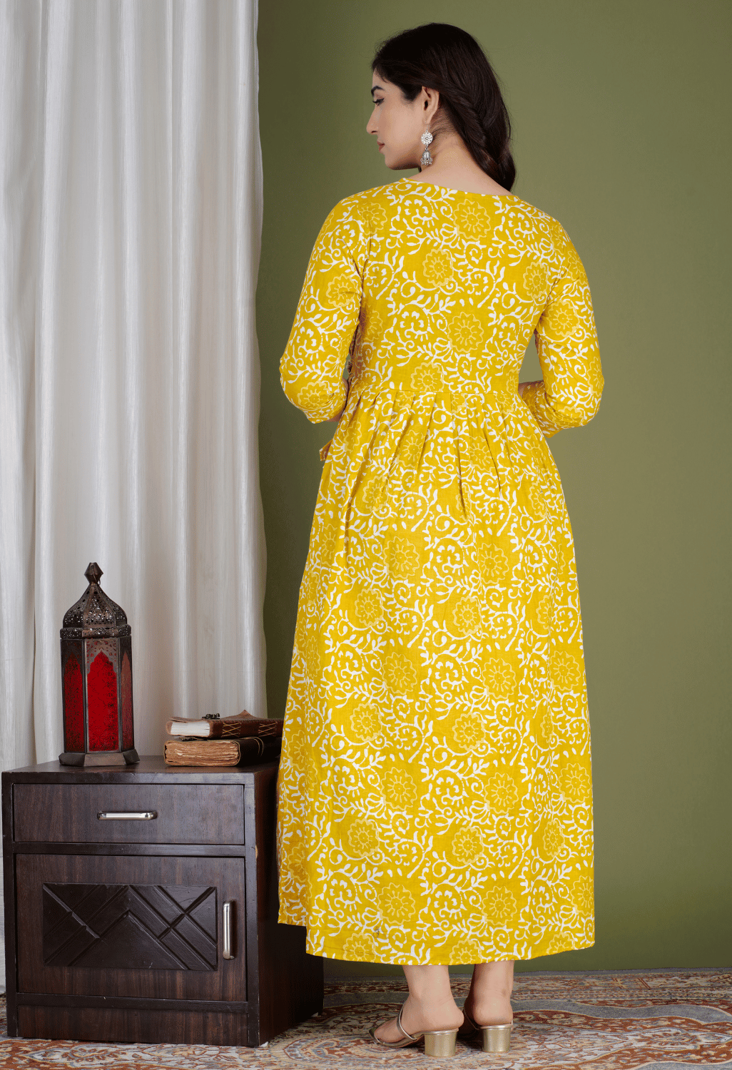 Mustard Yellow Floral Printed Viscose Rayon Maternity & Feeding Maxi Dress