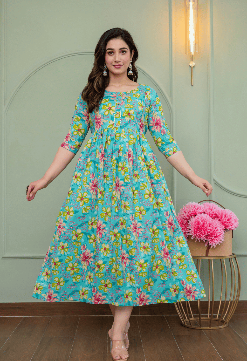 Sky Blue Floral Printed Viscose Rayon Maternity & Feeding Maxi Dress