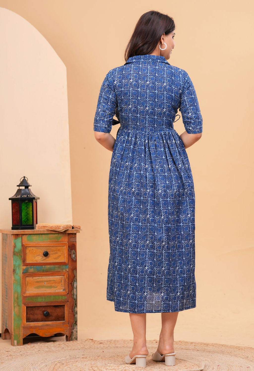 Indigo Geometric Printed Collared Viscose Rayon Maternity & Feeding Midi Dress