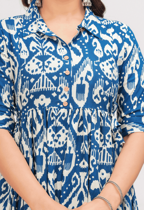 Royal Blue Ikat Printed Collared Viscose Rayon Maternity & Feeding Midi Dress