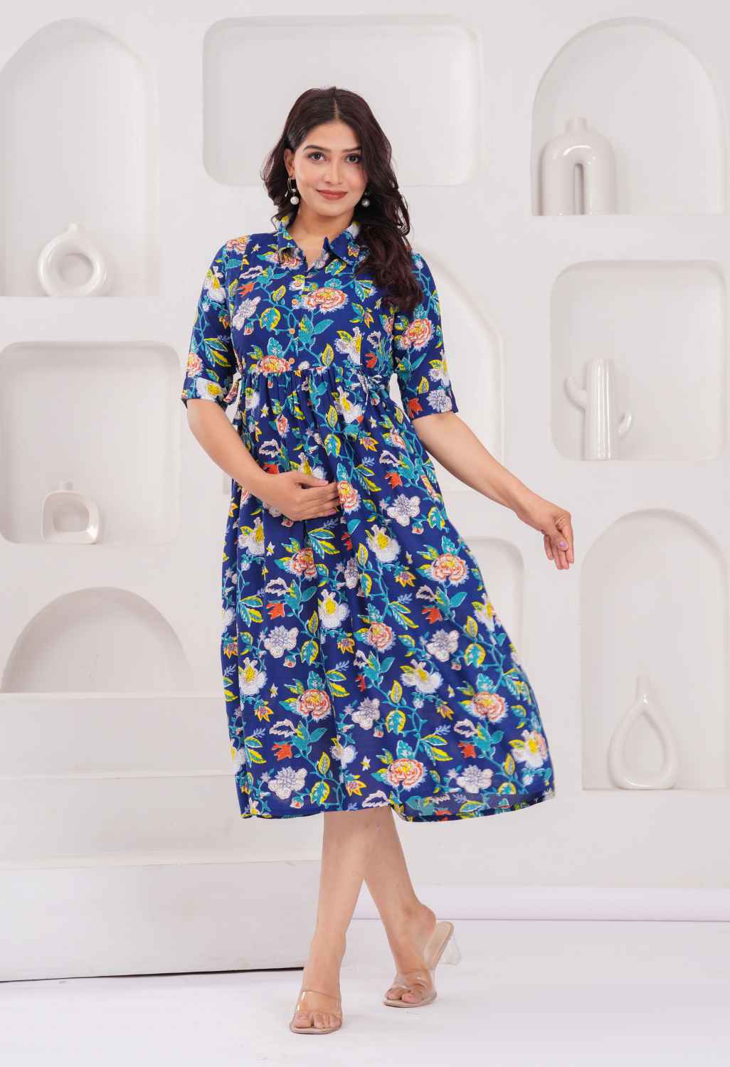 Navy Blue Floral Printed Collared Viscose Rayon Maternity & Feeding Midi Dress