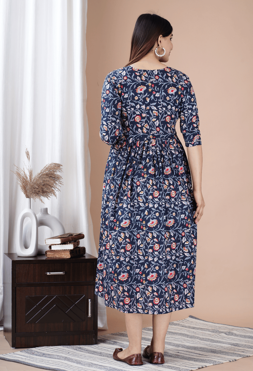 Navy Blue Floral Printed Viscose Rayon Maternity & Feeding Midi Dress
