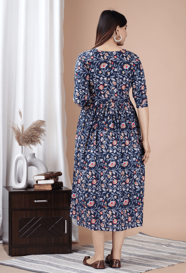 Navy Blue Floral Printed Viscose Rayon Maternity & Feeding Midi Dress