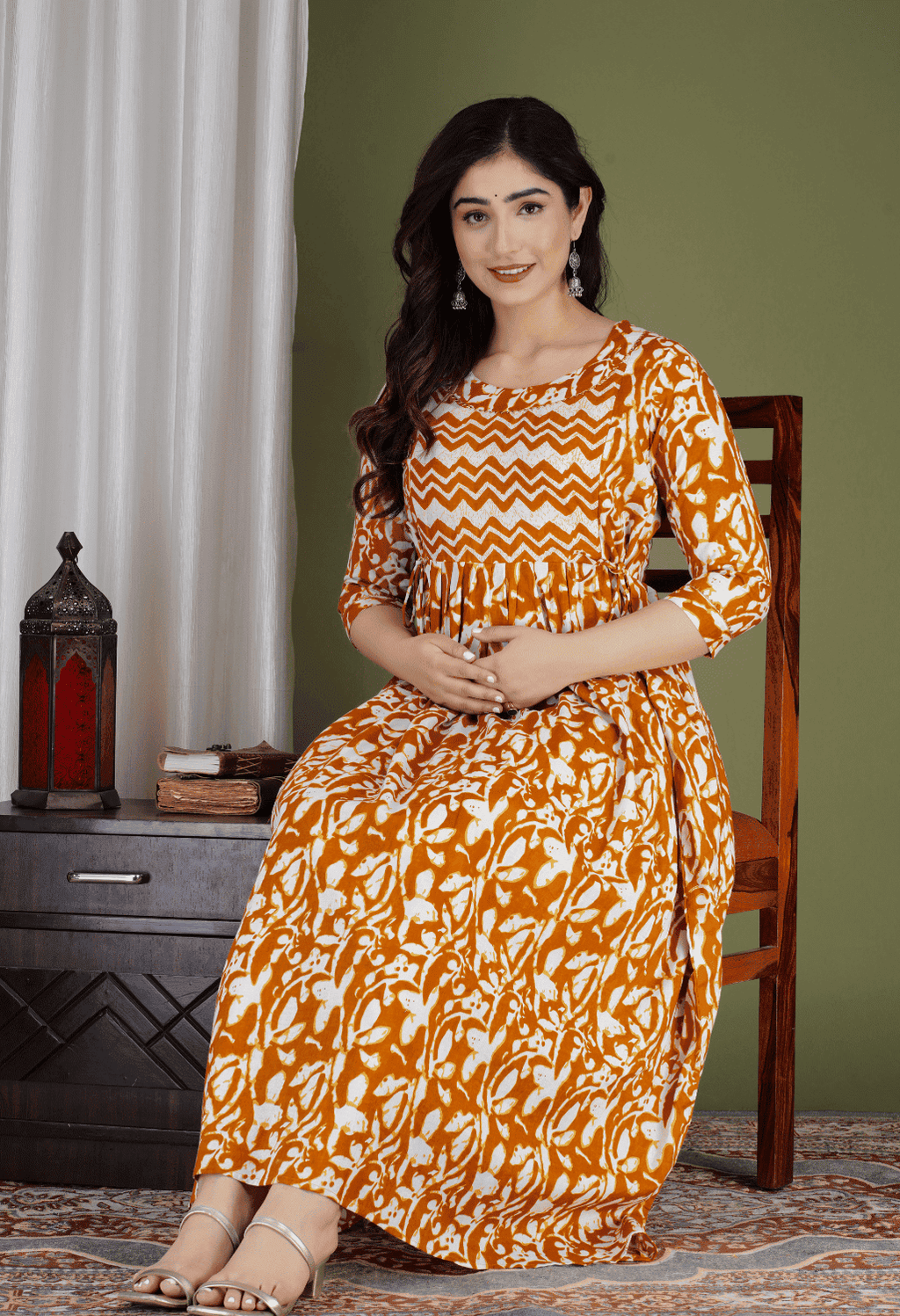 Orange & White Abstract Printed Viscose Rayon Maternity & Feeding Midi Dress