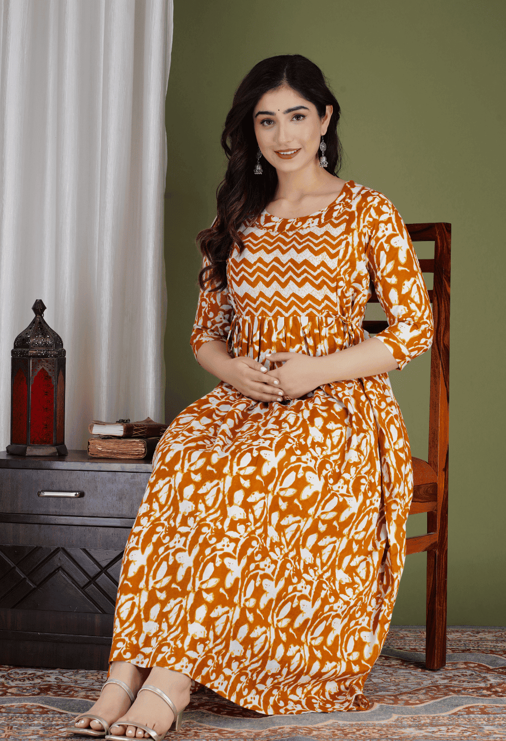 Orange & White Abstract Printed Viscose Rayon Maternity & Feeding Midi Dress