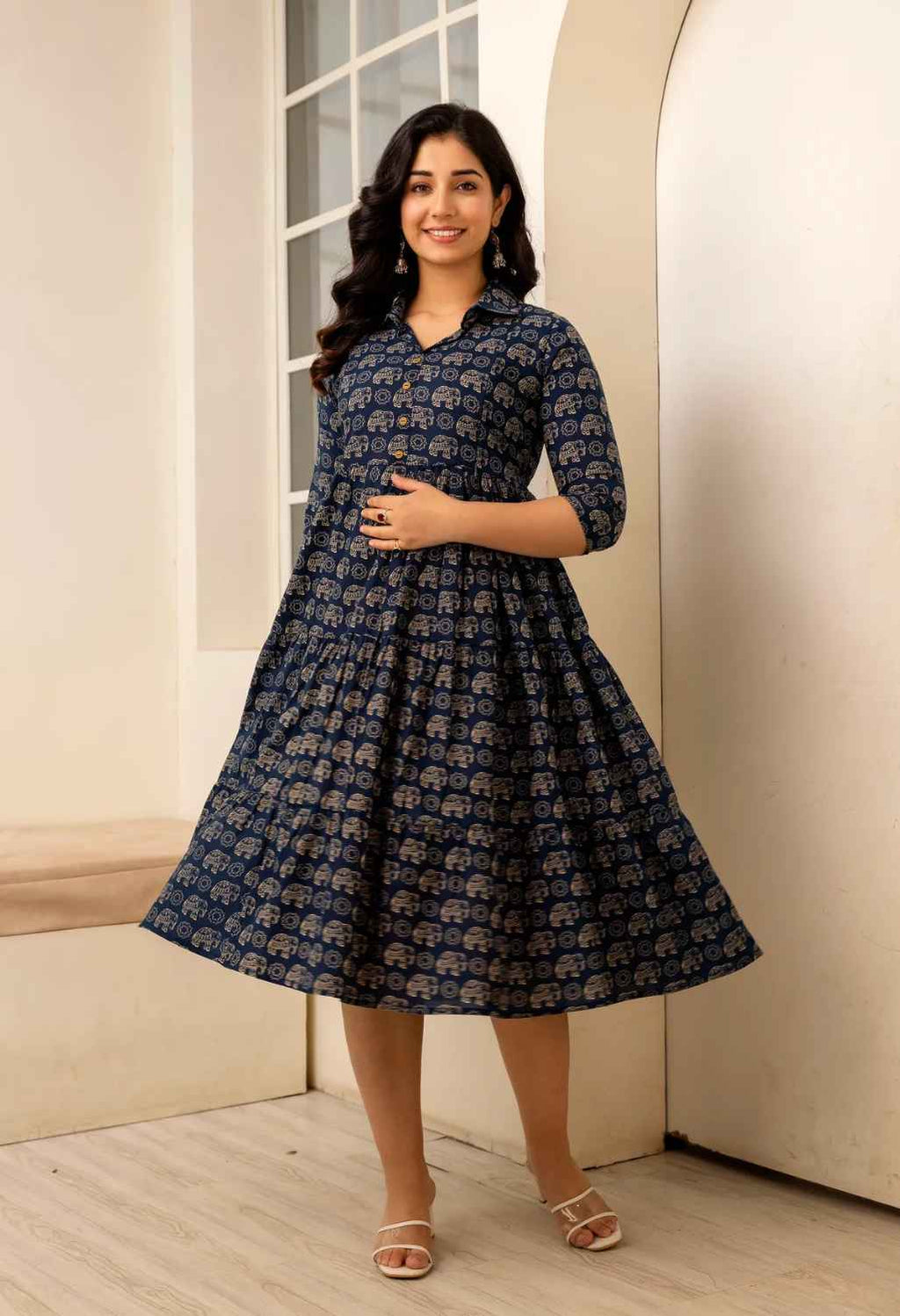 Navy Blue Elephant Printed Collared Viscose Rayon Maternity & Feeding Midi Dress