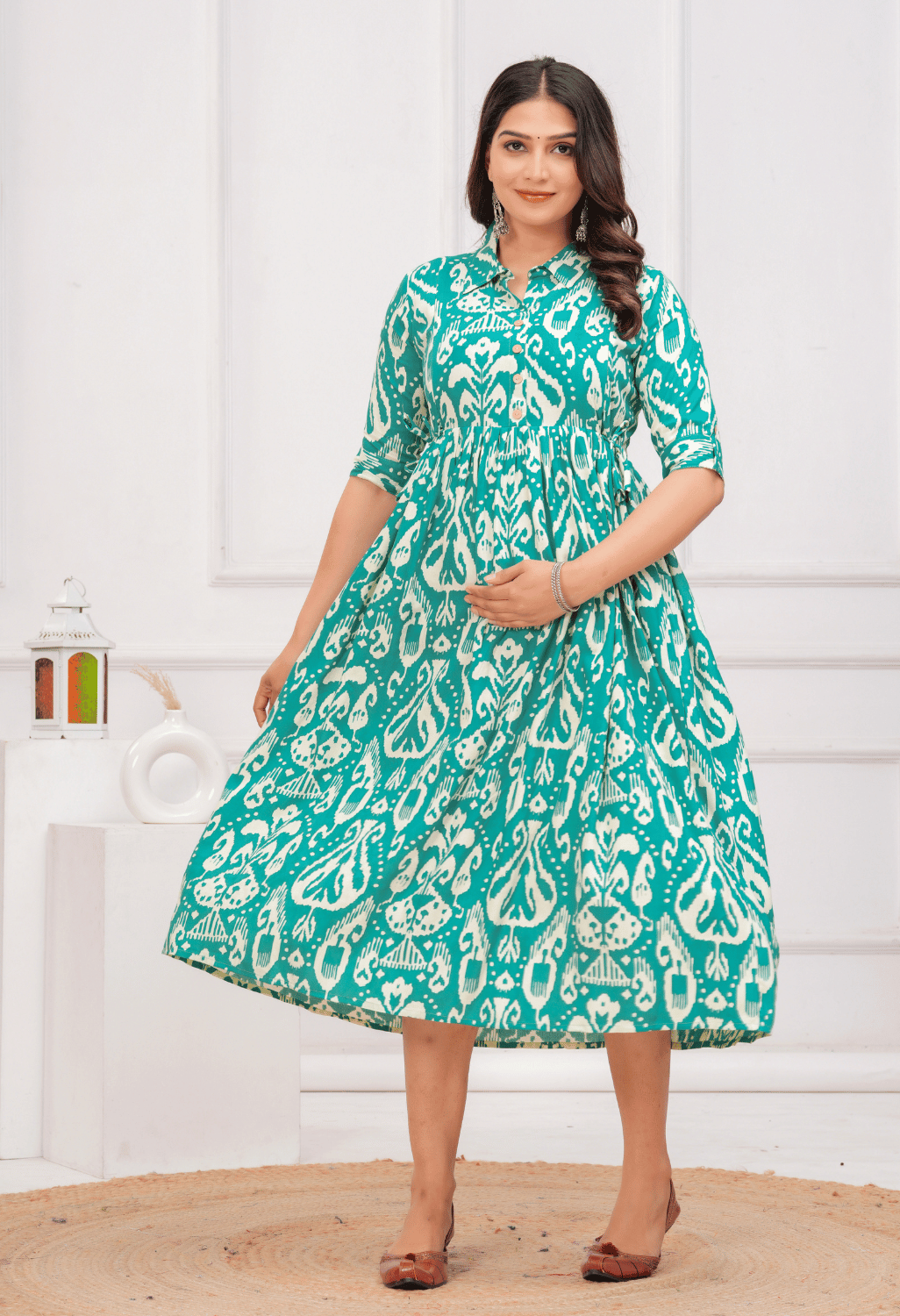 Teal Green Ikat Printed Collared Viscose Rayon Maternity & Feeding Midi Dress