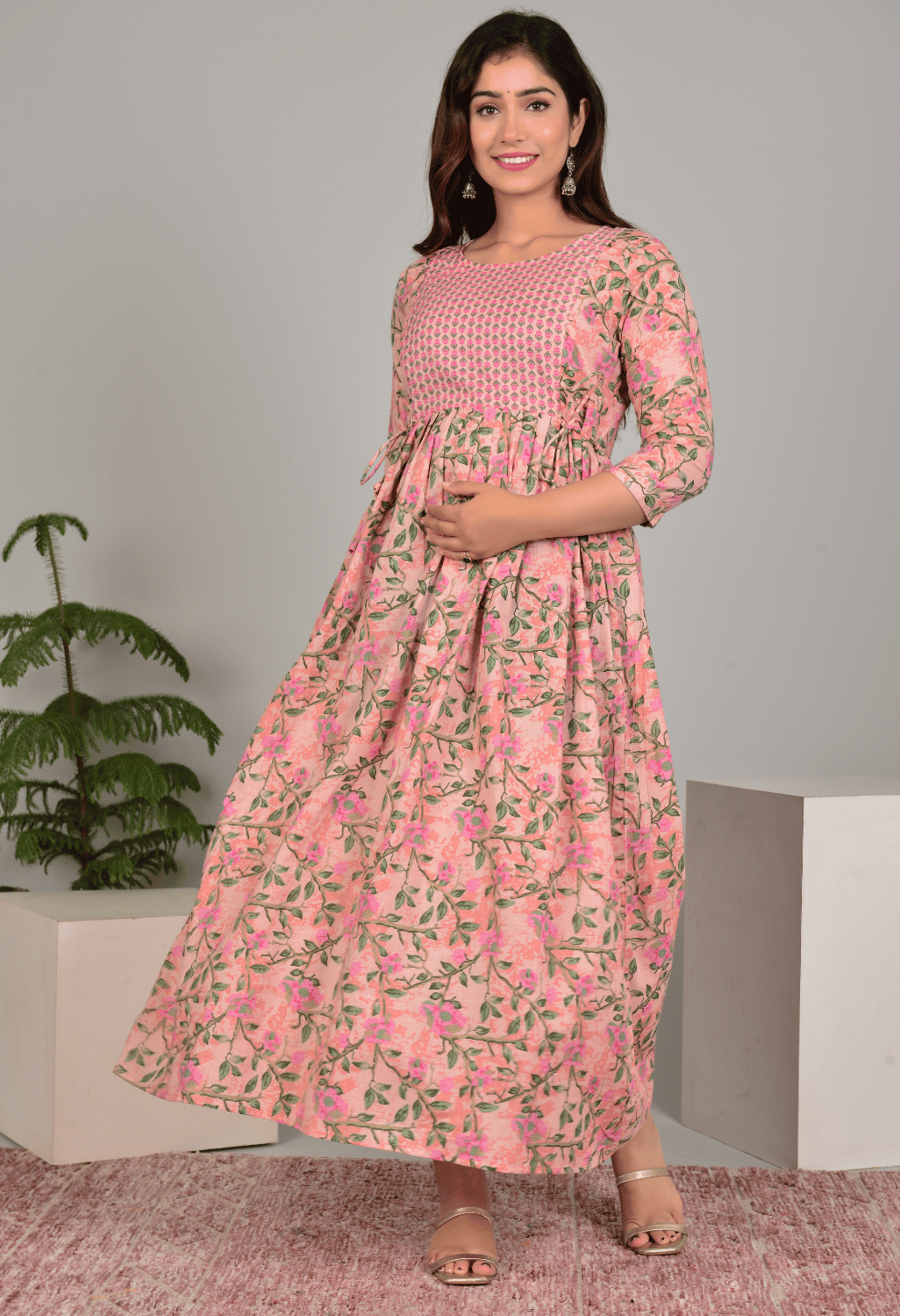 Peach Floral Printed Viscose Rayon Maternity & Feeding Maxi Dress