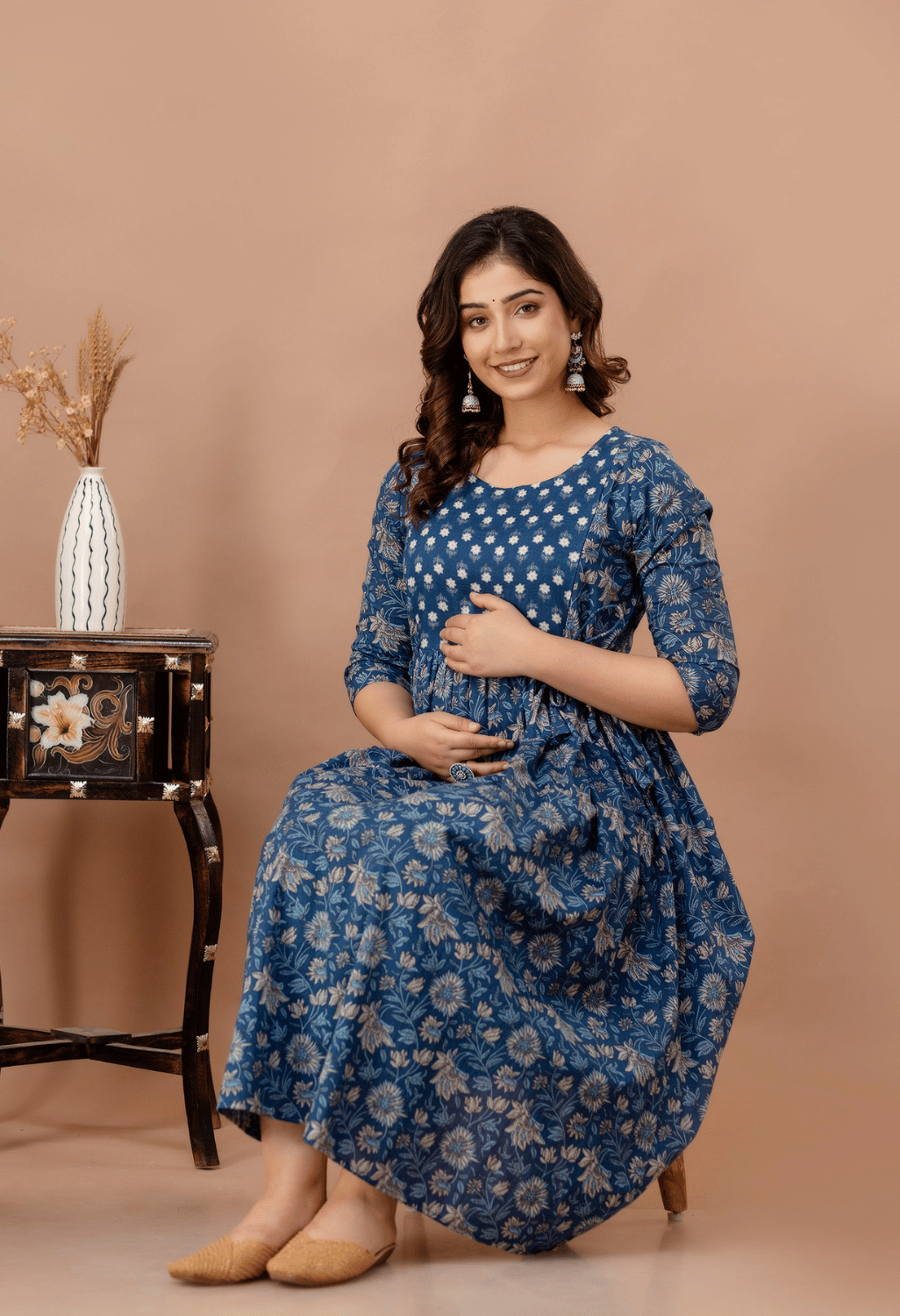Dusty Blue Floral Printed Viscose Rayon Maternity & Feeding Maxi Dress