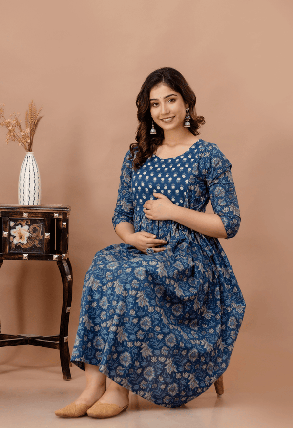 Dusty Blue Floral Printed Viscose Rayon Maternity & Feeding Maxi Dress