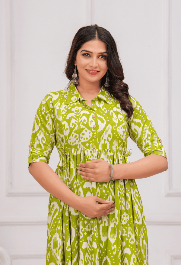 Lime Green Ikat Printed Collared Viscose Rayon Maternity & Feeding Midi Dress