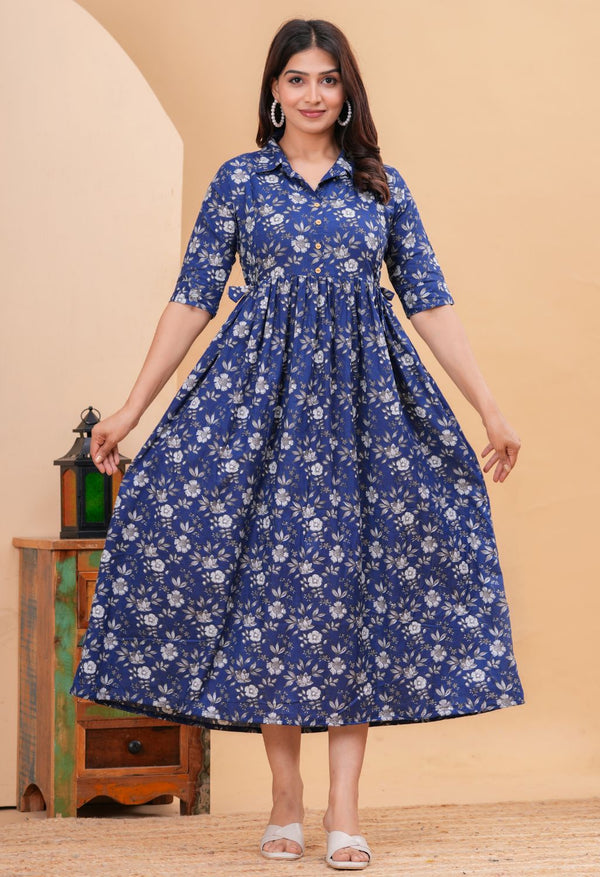 Blue Floral Printed Collared Viscose Rayon Maternity & Feeding Midi Dress