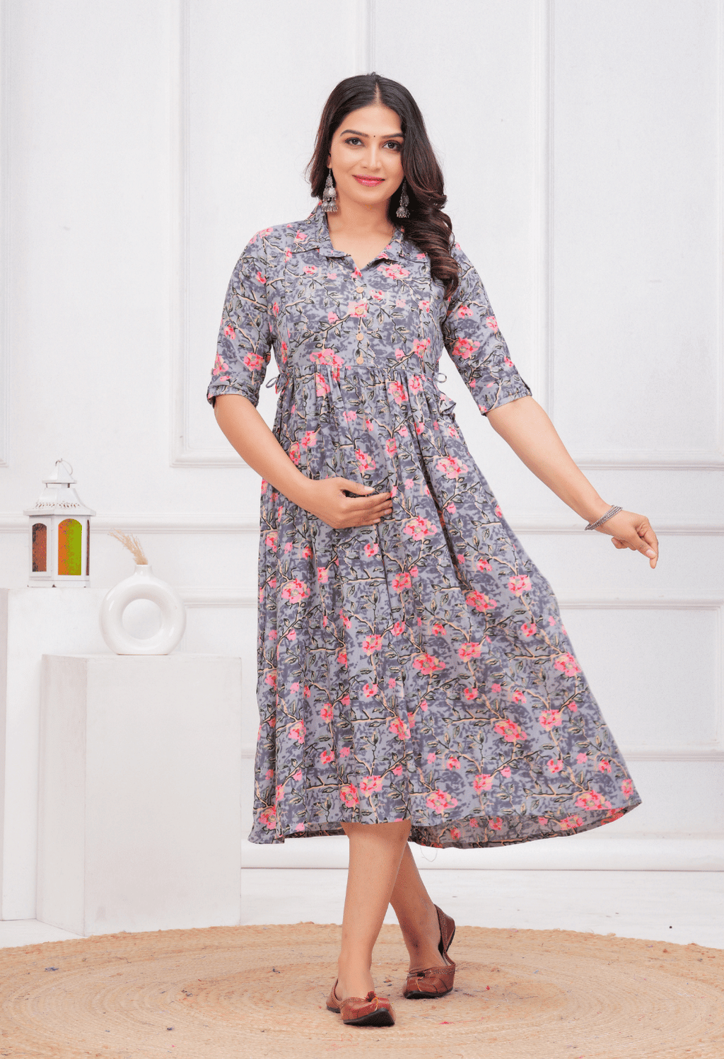 Grey Floral Printed Collared Viscose Rayon Maternity & Feeding Midi Dress