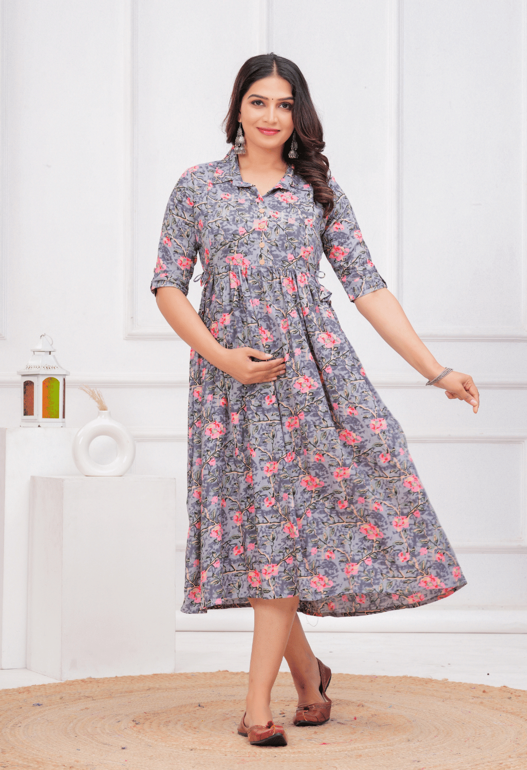 Grey Floral Printed Collared Viscose Rayon Maternity & Feeding Midi Dress