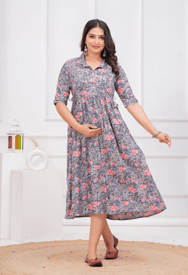 Grey Floral Printed Collared Viscose Rayon Maternity & Feeding Midi Dress