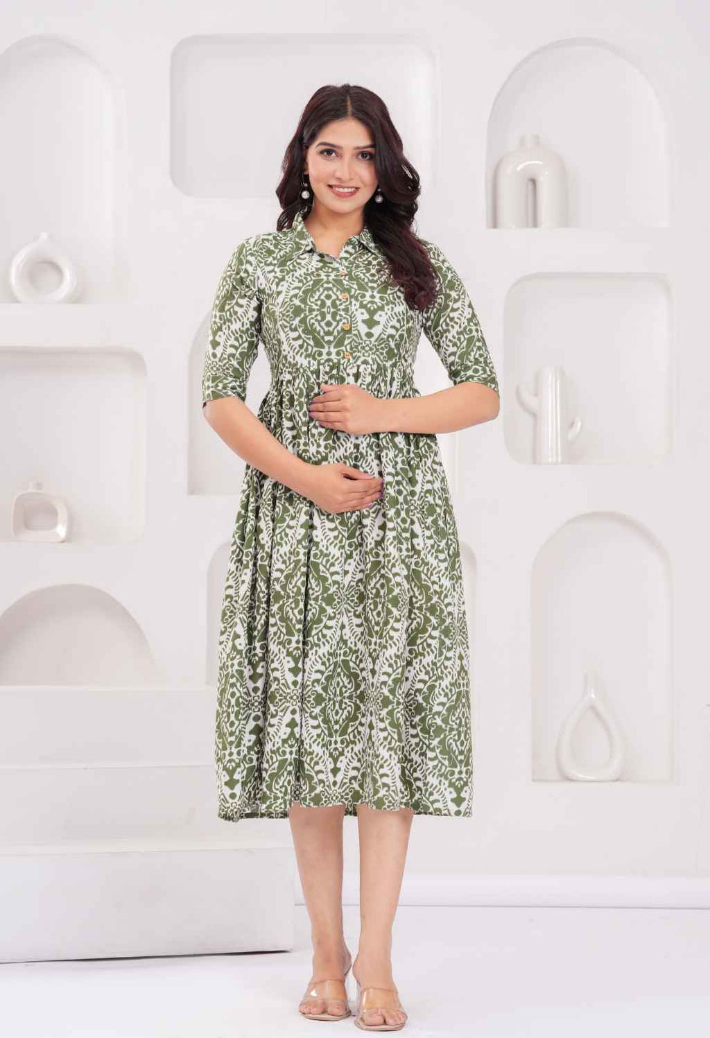 Olive Green Abstract Printed Collared Viscose Rayon Maternity & Feeding Midi Dress