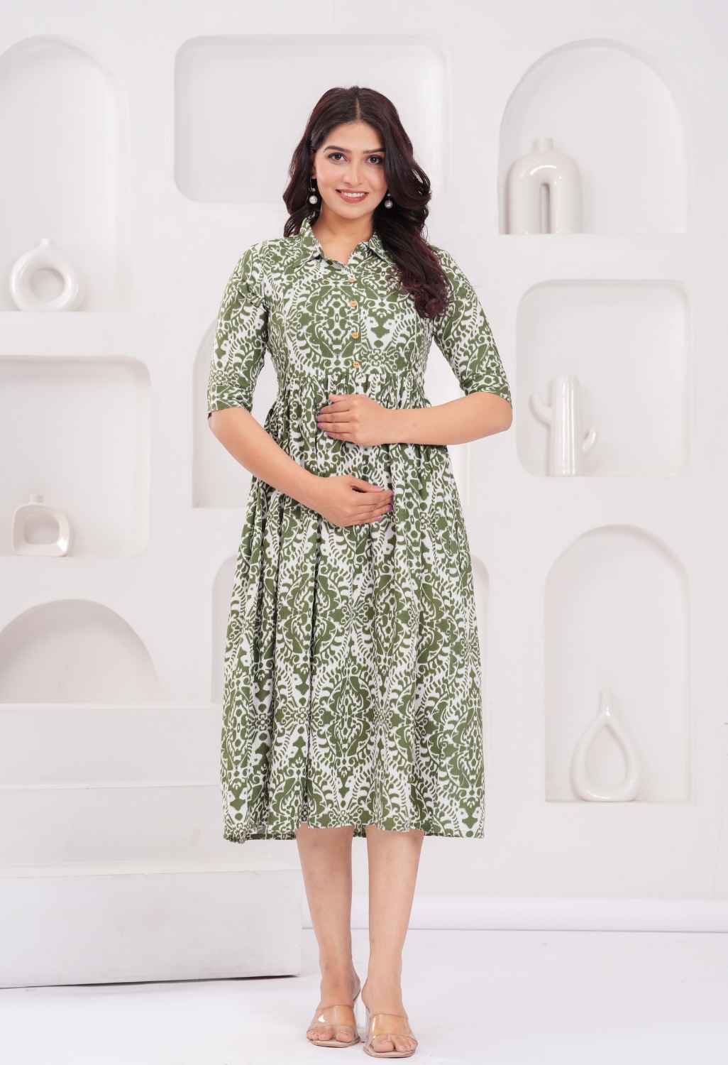 Olive Green Abstract Printed Collared Viscose Rayon Maternity & Feeding Midi Dress