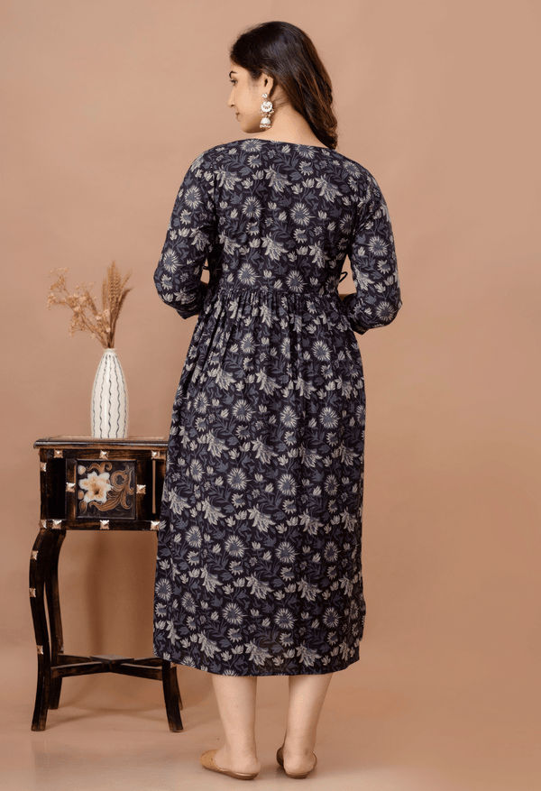 Black Printed Viscose Rayon Maternity & Feeding Maxi Dress