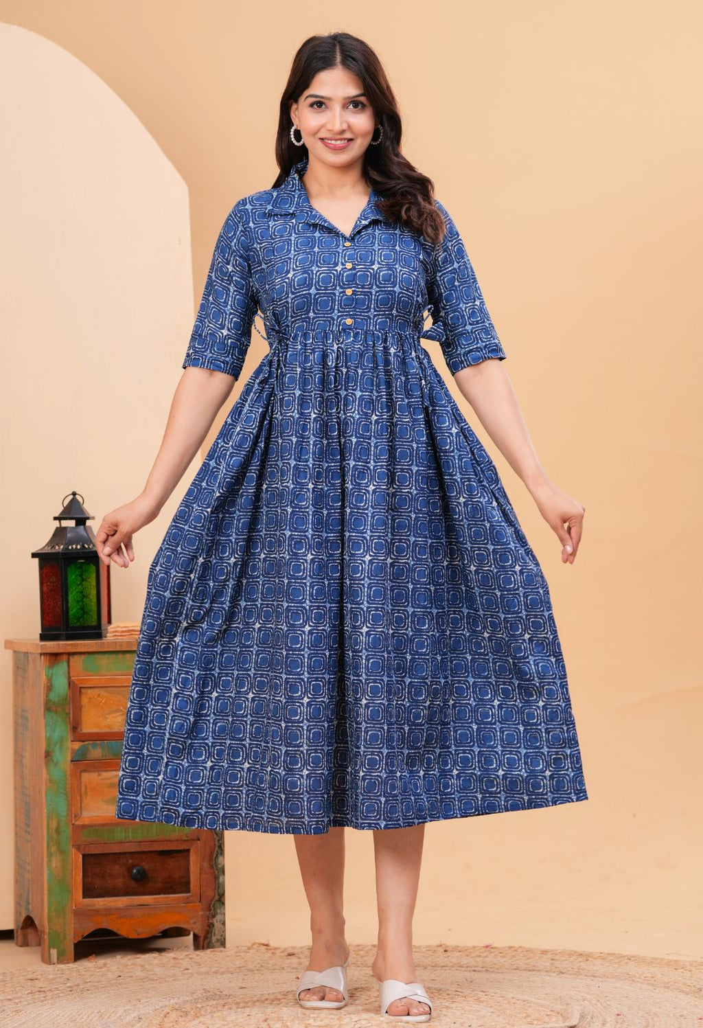 Indigo Geometric Printed Collared Viscose Rayon Maternity & Feeding Midi Dress