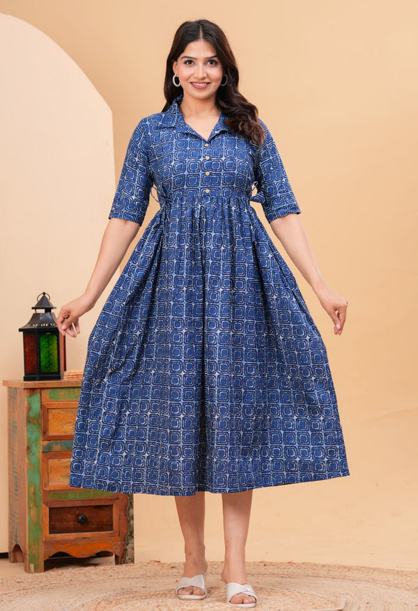 Indigo Geometric Printed Collared Viscose Rayon Maternity & Feeding Midi Dress