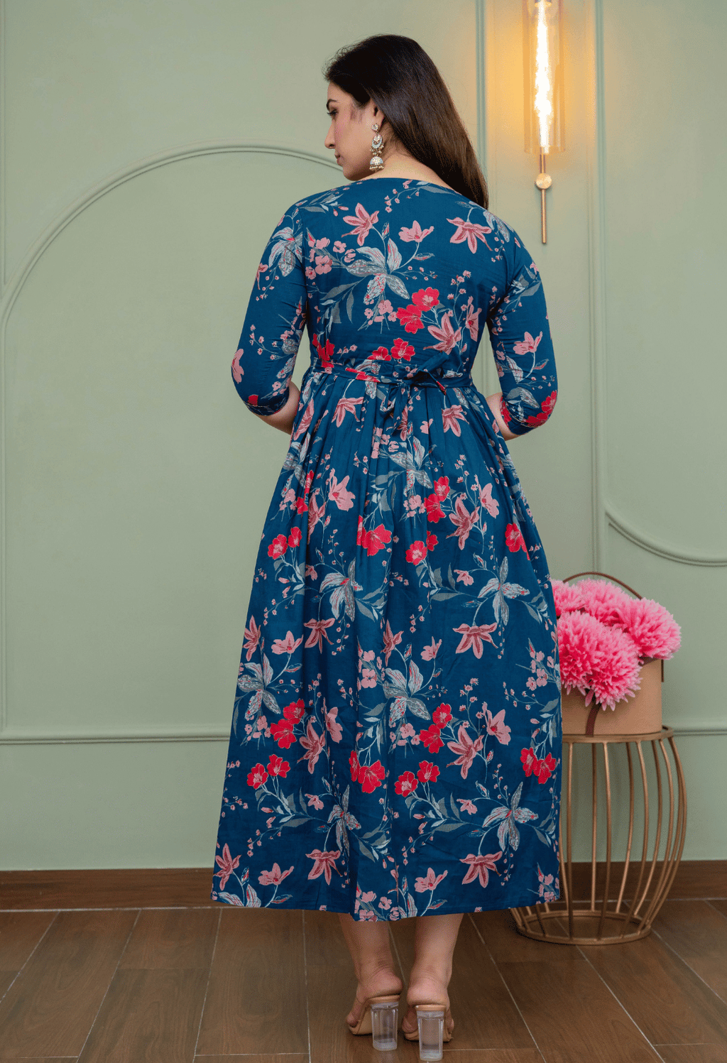 Navy Blue Botanical Floral Printed Viscose Rayon Maternity & Feeding Maxi Dress