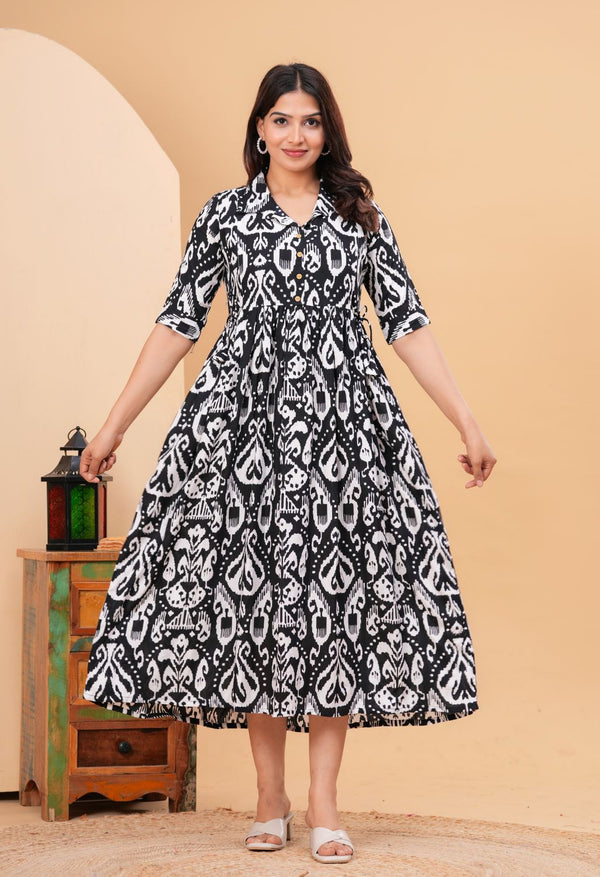 Black Ikat Printed Collared Viscose Rayon Maternity & Feeding Midi Dress