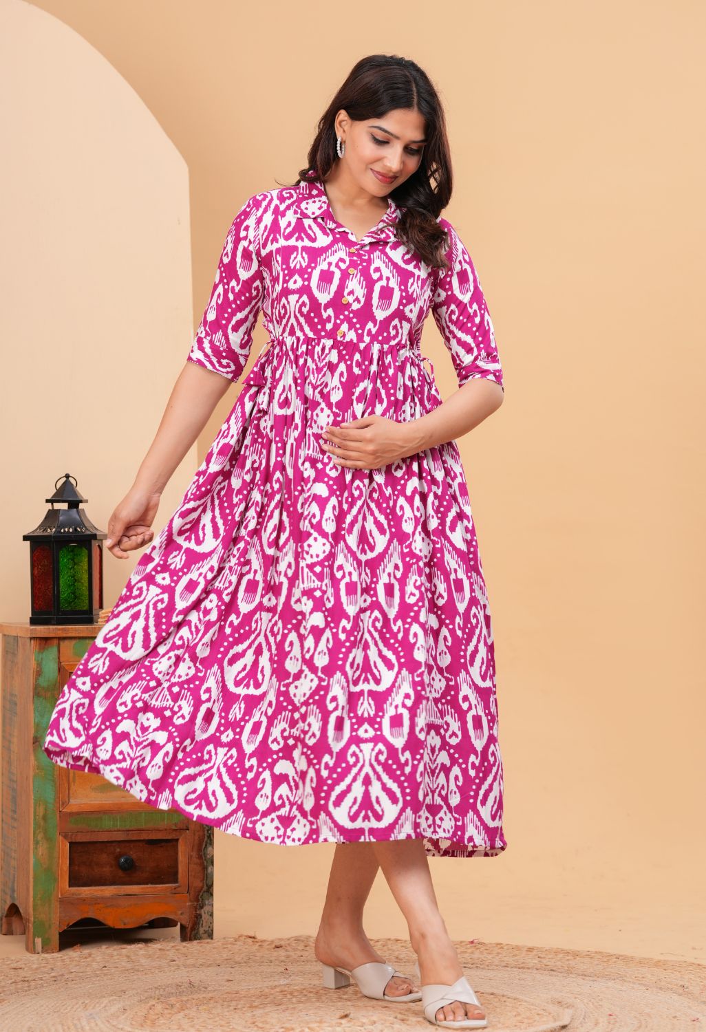 Pink Ikat Printed Collared Viscose Rayon Maternity & Feeding Midi Dress