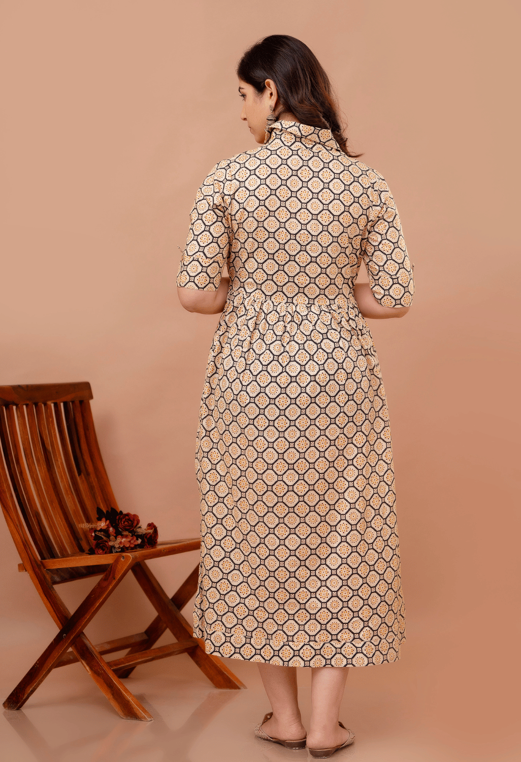 Beige Geometric Hexagon Printed Collared Viscose Rayon Maternity & Feeding Maxi Dress