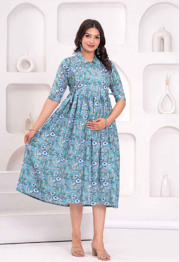 Sky Blue Floral Printed Collared Viscose Rayon Maternity & Feeding Midi Dress