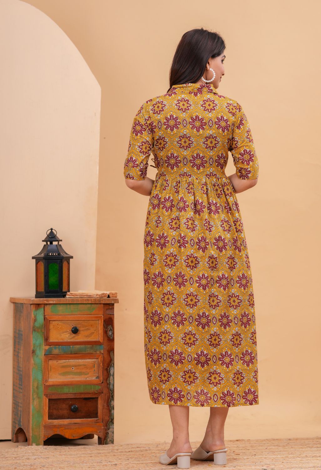 Mustard Ethnic Printed Collared Viscose Rayon Maternity & Feeding Midi Dress