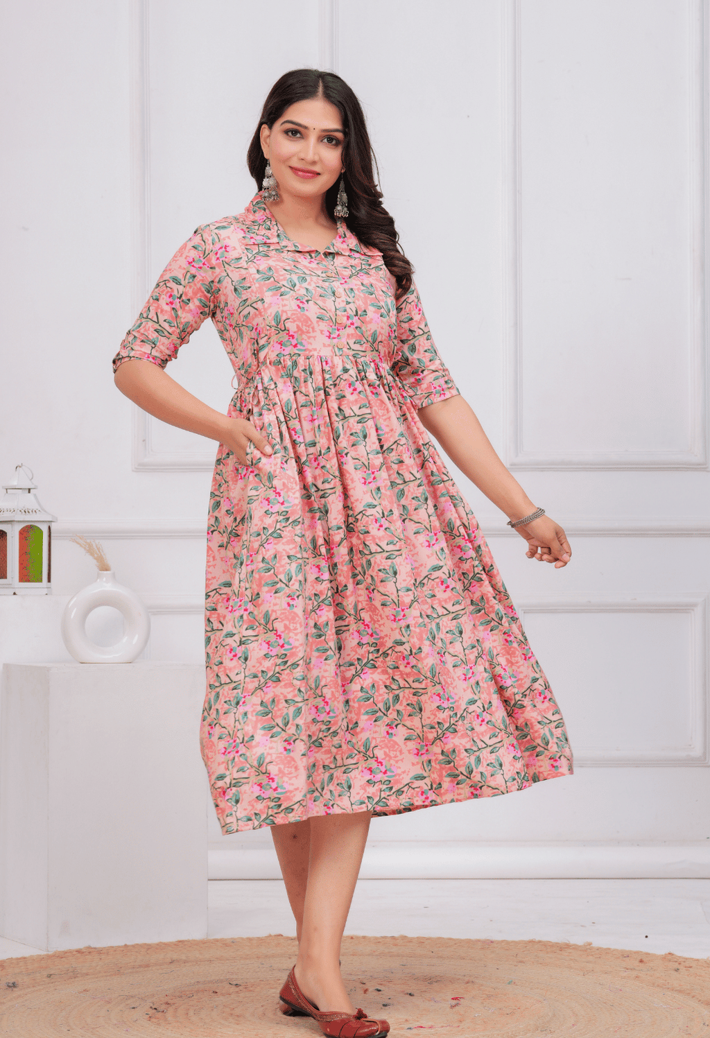 Peach Floral Printed Collared Viscose Rayon Maternity & Feeding Maxi Dress