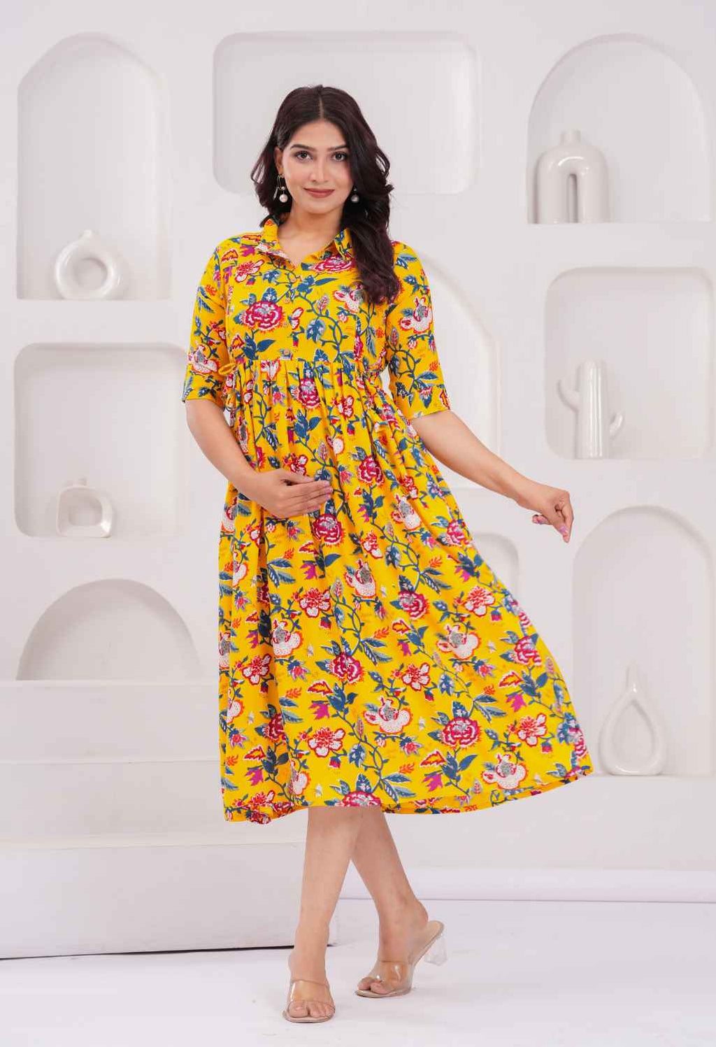 Mustard Yellow Floral Printed Collared Viscose Rayon Maternity & Feeding Midi Dress