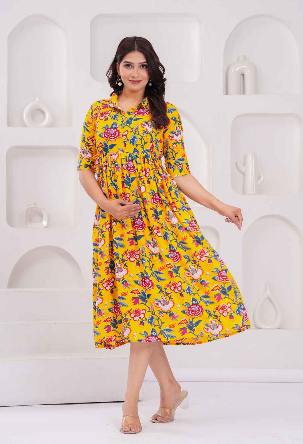 Mustard Yellow Floral Printed Collared Viscose Rayon Maternity & Feeding Midi Dress