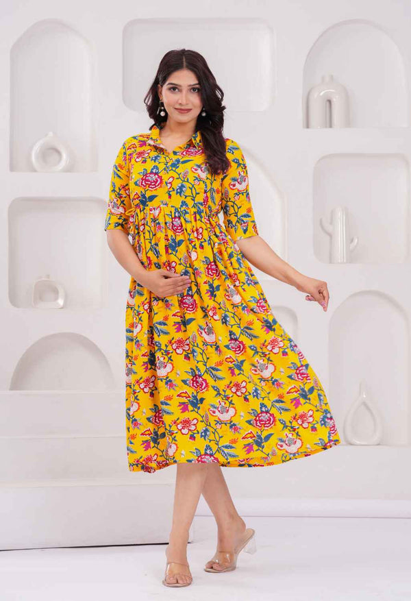 Mustard Yellow Floral Printed Collared Viscose Rayon Maternity & Feeding Midi Dress