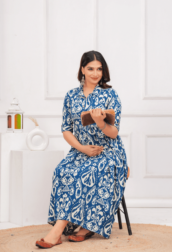 Royal Blue Ikat Printed Collared Viscose Rayon Maternity & Feeding Midi Dress