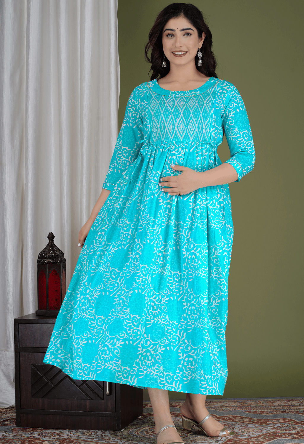 Turquoise Blue Floral Printed Viscose Rayon Maternity & Feeding Maxi Dress