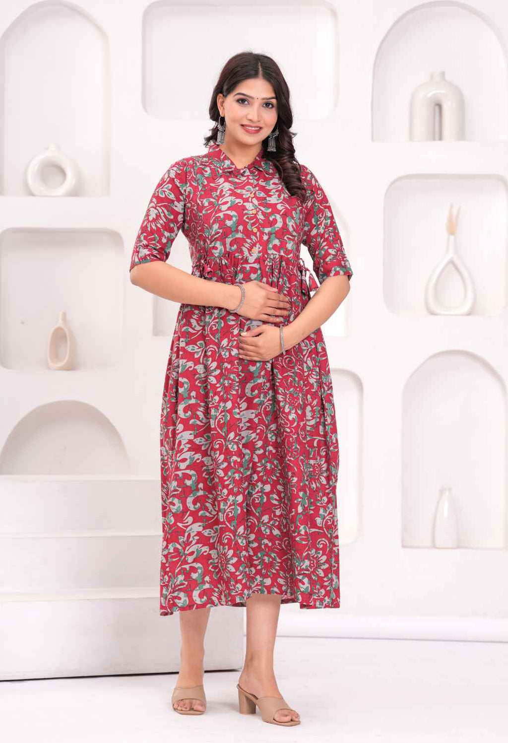 Rose Pink Floral Printed Collared Viscose Rayon Maternity & Feeding Midi Dress