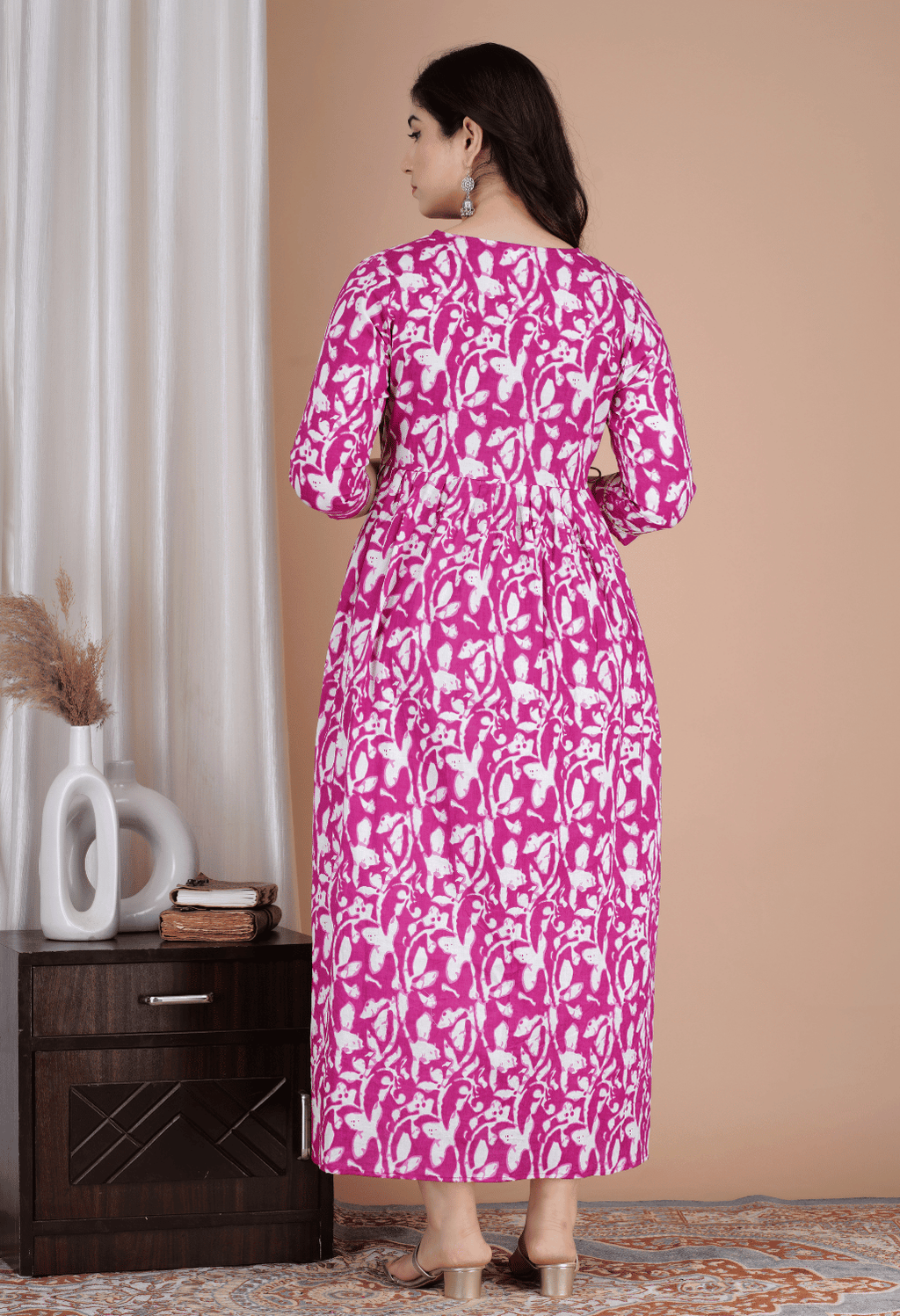 Rani Pink & White Abstract Printed Viscose Rayon Maternity & Feeding Midi Dress