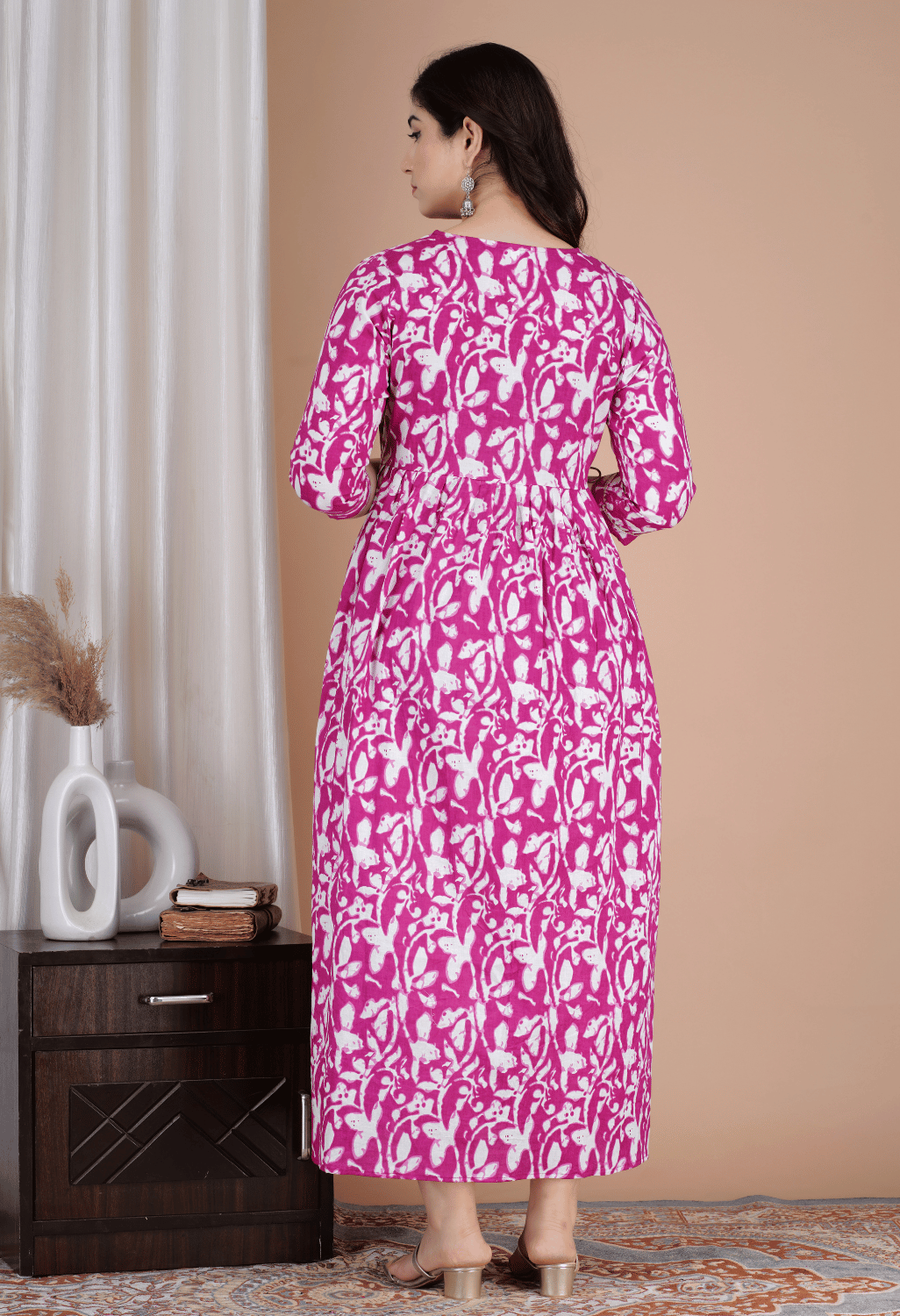 Rani Pink & White Abstract Printed Viscose Rayon Maternity & Feeding Midi Dress
